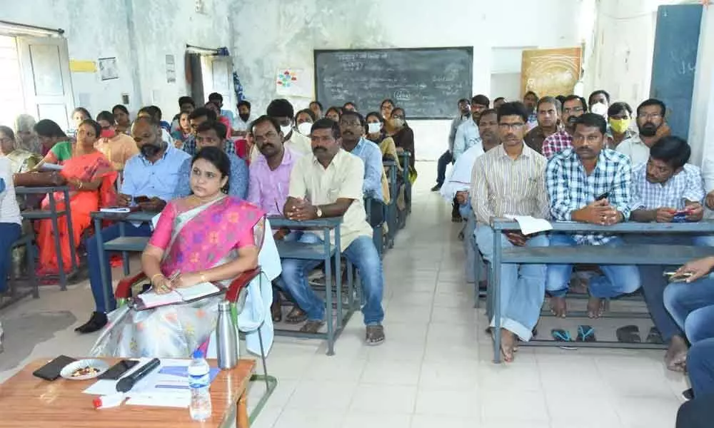 District Collector in-charge Sheik Yashmin Basha during a video conference with Education Minister Sabitha Indra Reddy along with district officials and teachers