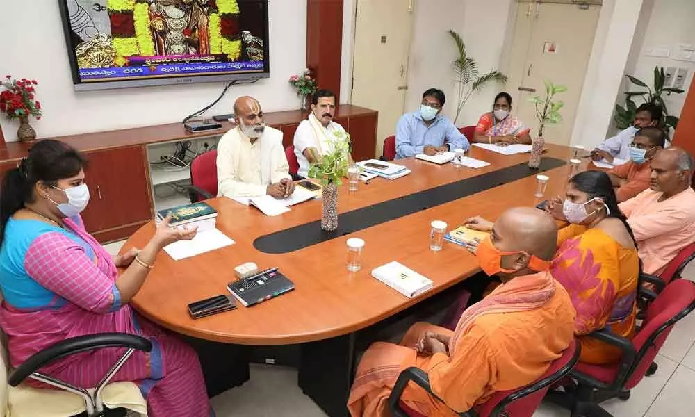 TTD Joint Executive Officer Sada Bhargavi holds a meeting with ISKCON and Ramakrishna Mission representatives on the rescue and rehabilitation of poor, orphan and destitute in Tirupati city on Monday