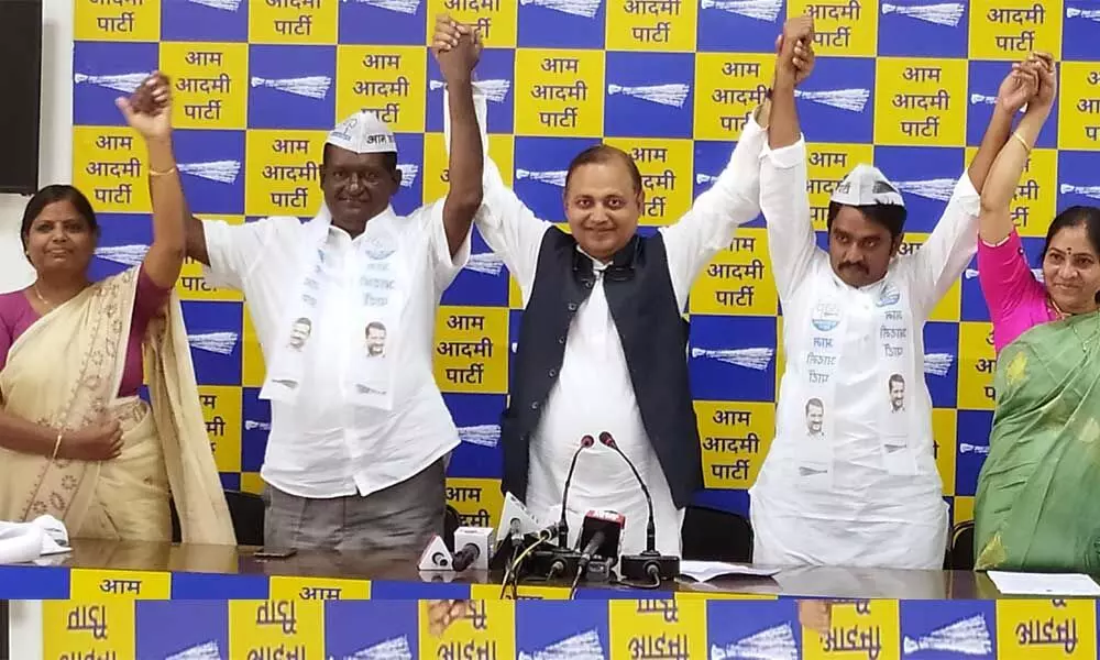 Former MLA Chinnam Rama Kotaiah and Attili Raju with Somnath Bharti at AAP office in  New Delhi on Tuesday