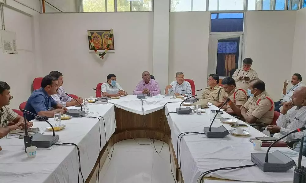 TTD Vigilance Guard Officer Bali Reddy holds review meet with the officials of various departments to finalise arrangements for Tumburu Theertham Mukkoti in Tirumala on Wednesday.