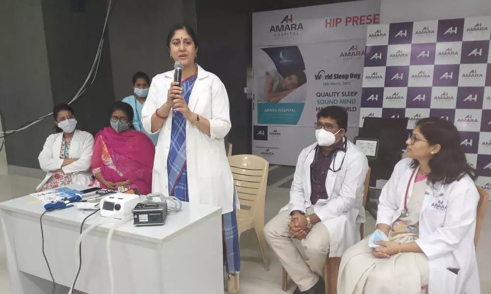 Dr Ramadevi Gourineni addressing the patients on the occasion of World Sleep Day in Tirupati on Wednesday