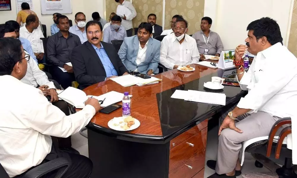 Minister for Tourism Muttamsetti Srinivasa Rao at a meeting with tourism investors and industrialists at his chambers at Secreatariat in Velagapudi on Wednesday