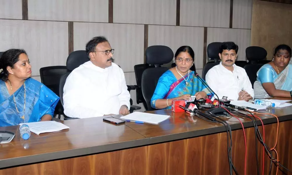 YSRCP MPs B Venkata Satyavathi, Sanjeev Kumar, Chinta Anuradha and M Gurumoorthy addressing the media at AP Bhavan in New Delhi on Wednesday