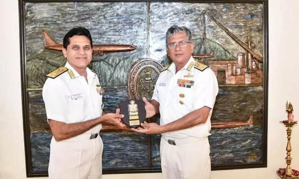 VCNS, Vice Admiral SN Ghormade (left) receiving a memento from Flag Officer Commanding-in-Chief, ENC Vice Admiral Biswajit Dasgupta on Thursday