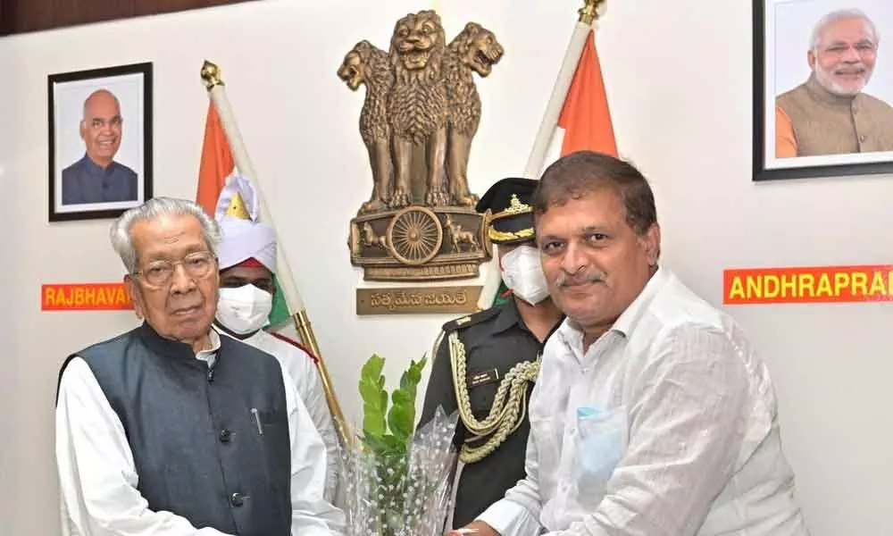 APCO Chairman Chillapalli Mohana Rao meeting Governor Biswa Bhusan Harichandan at his office in Vijayawada on Thursday