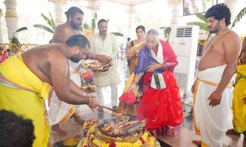 Pushpa Yagam being conducted at Sri Bhusameta Sri Venkateswara Swamy temple at Dokkiparru in Gudlavalleru mandal on Thursday