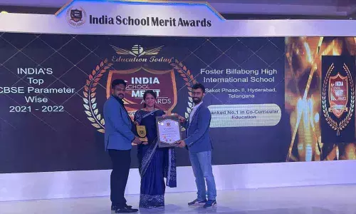 Mrs. Sunitha Rani Director Foster Billabong High International School receiving the award for being Ranked No. 1 School in India for Co-Curricular Education at the India School Merit Awards conducted by Education Today