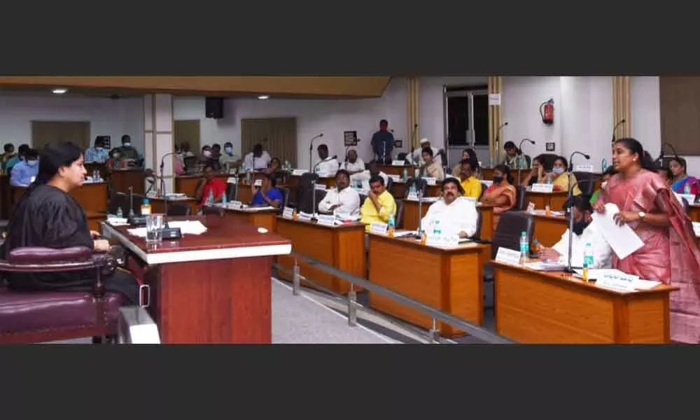 Mayor R Bhagyalakshmi presiding over the municipal council meeting in Vijayawada on Saturday