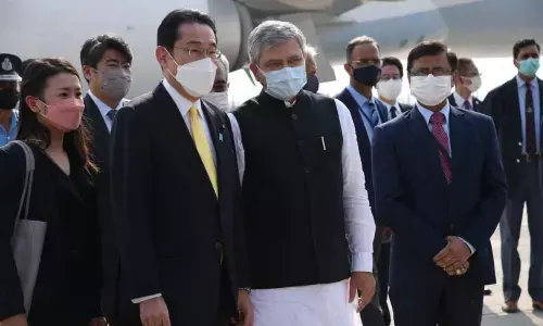 The Japanese prime minister arrived in New Delhi at around 3:40 pm and is scheduled to depart at 8 am on Sunday. Credit: Twitter/@MEAIndia