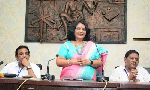 APSERMC vice-chairperson A Vijaya Sarada Reddy speaking at meeting in Visakhapatnam on Saturday