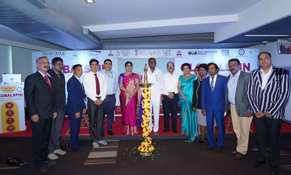 N Nagaraju, Minister for Small Scale, Government of Karnataka inaugurating GlobalSpin Trade Conclave on Eco Textiles, Eco Handlooms and Apparels at WTC, Bengaluru