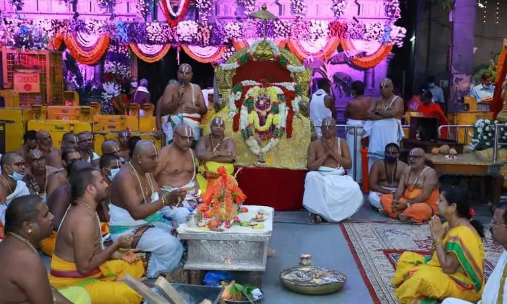 Ruthviks perform Mahakumbha Samprokshana puja for inaguration of main temple, in Balalayam on Monday