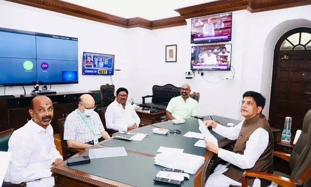 BJP leaders led by State president Bandi Sanjay Kumar meeting Union Minister for Food and Civil Supplies Piyush Goyal in New Delhi on Monday