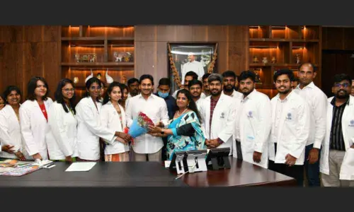 Students who returned from Ukraine meeting Chief Minister Y S Jagan Mohan Reddy at his office in the State Assembly  at Velagapudi on Monday