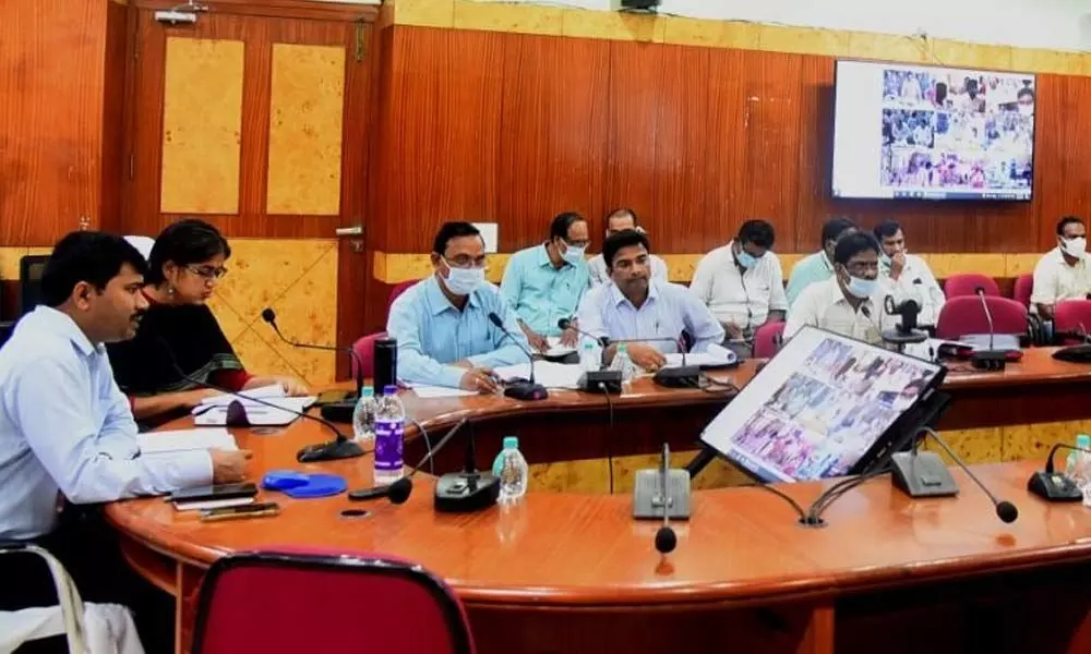 District Collector A Mallikarjuna speaking at a review meeting held in Visakhapatnam on Tuesday