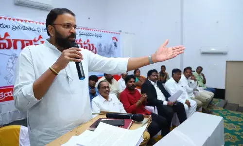 CBI former Joint Director V V Lakshminarayana addressing street vendors at CPI office in Tirupati on Tuesday