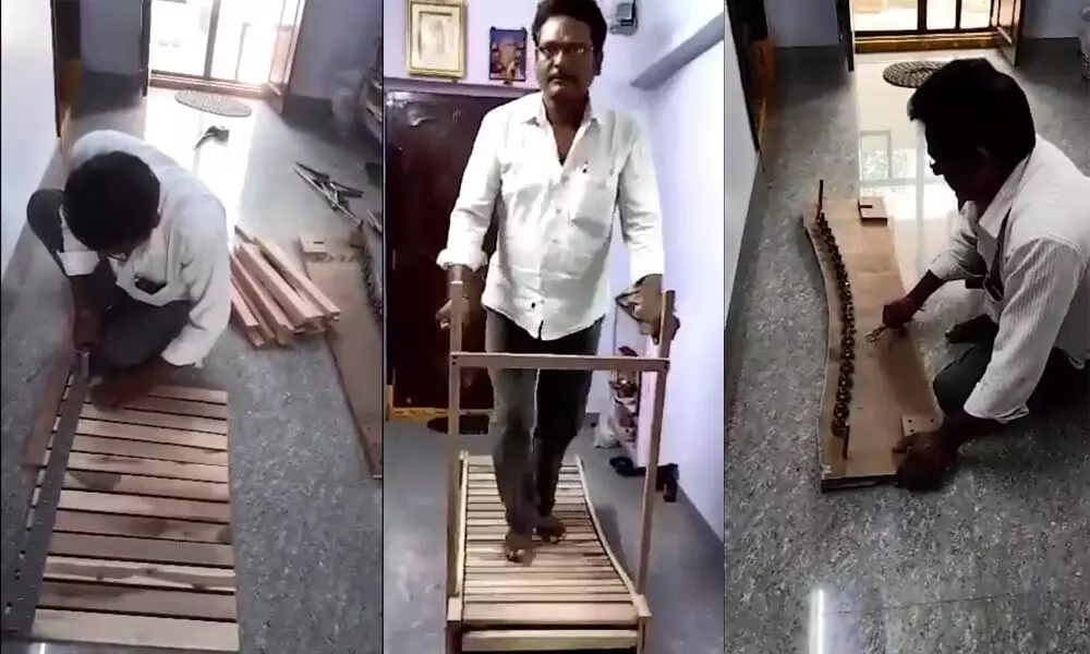 A Telangana Man Designing A Wooden Treadmill