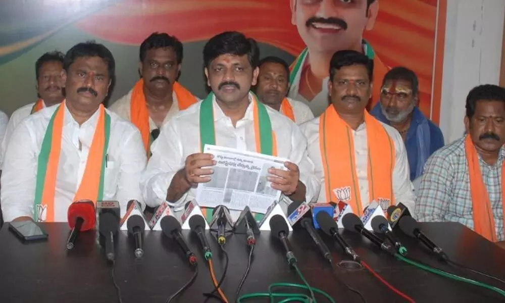 BJP Ongole parliamentary constituency president S Srinivasulu speaking at a press meet in Ongole on Wednesday