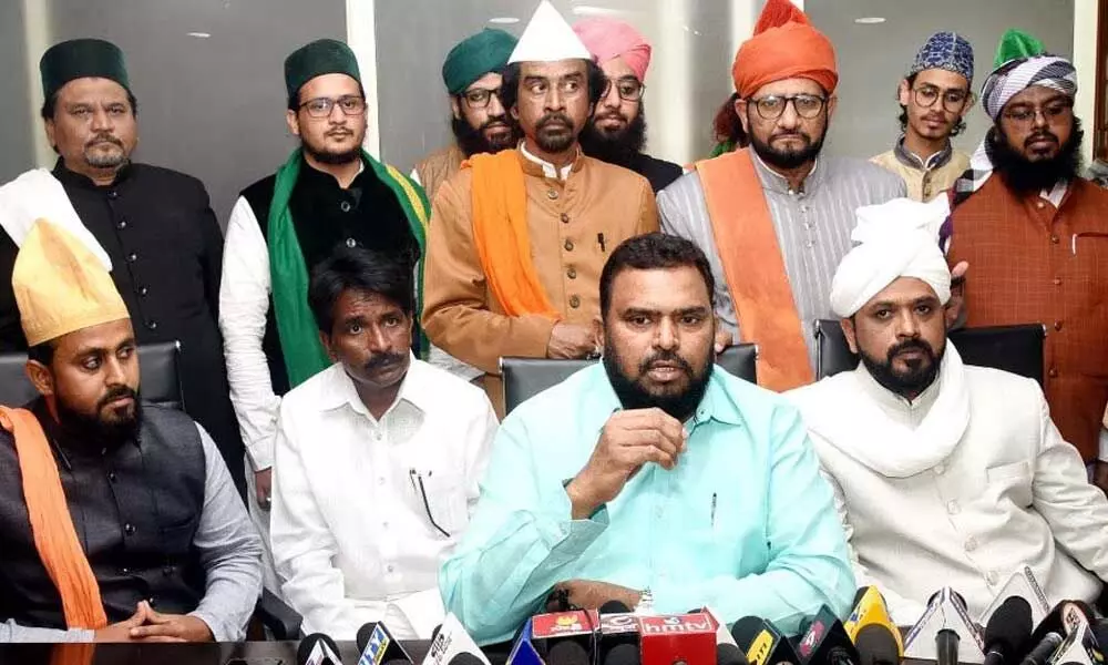 Waqf Board Chairman Khadar Basha addressing the media in Vijayawada on Wednesday