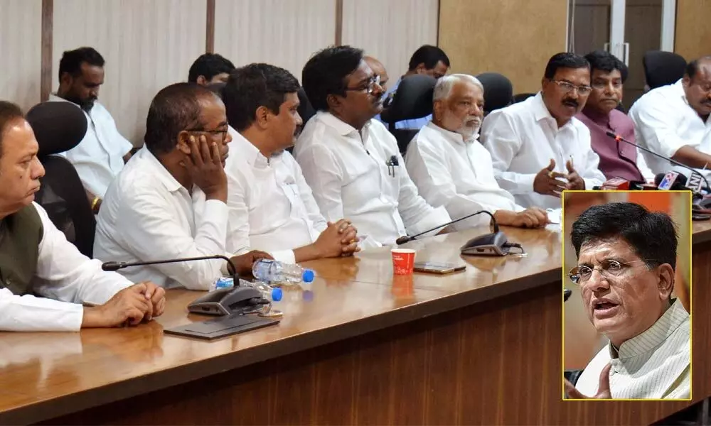 A delegation of the Telangana ministers and MPs addressing the media after meeting Union Minister Piyush Goyal in New Delhi on Thursday