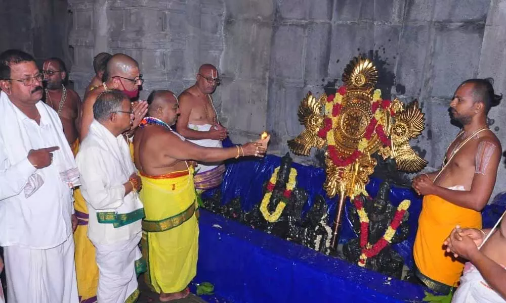 Moola mantra and Murthi mantra puja being conducted in the main temple by main priest and Ruthwiks