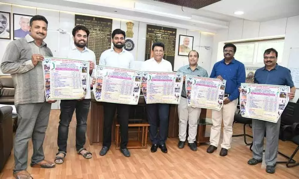DRM, Waltair division Anup Satpathy releasing a poster on sports mela in Visakhapatnam on Thursday