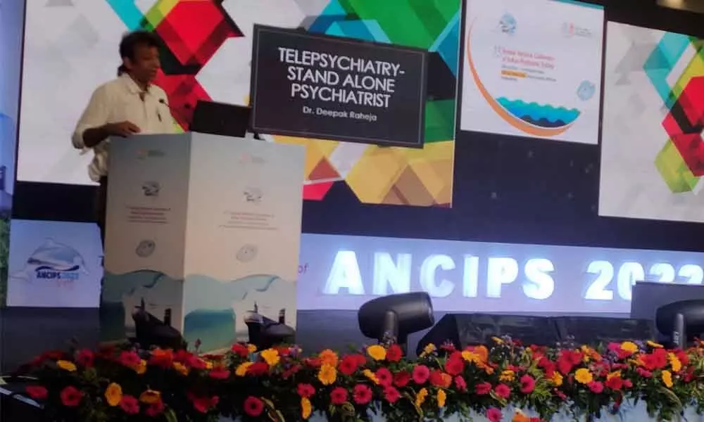 Founder and director of Hope Care Deepak Raheja speaking at the ANCIPS-2022 in Visakhapatnam on Thursday