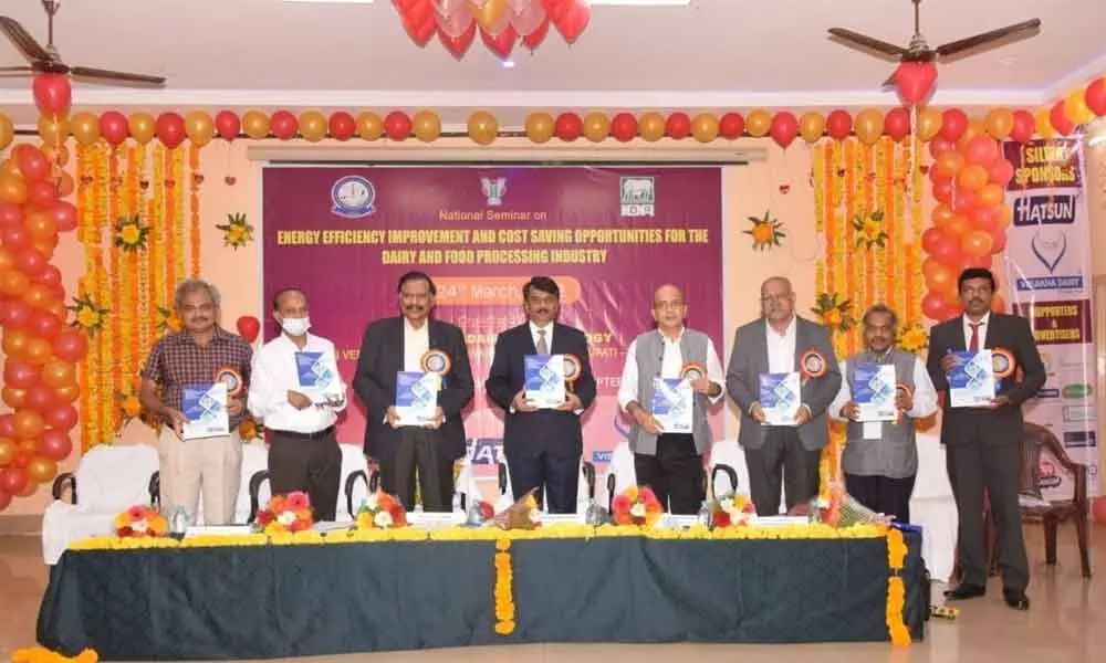 The speakers of a national seminar organised at SVVU releasing a souvenir of IDA, in Tirupati on Thursday