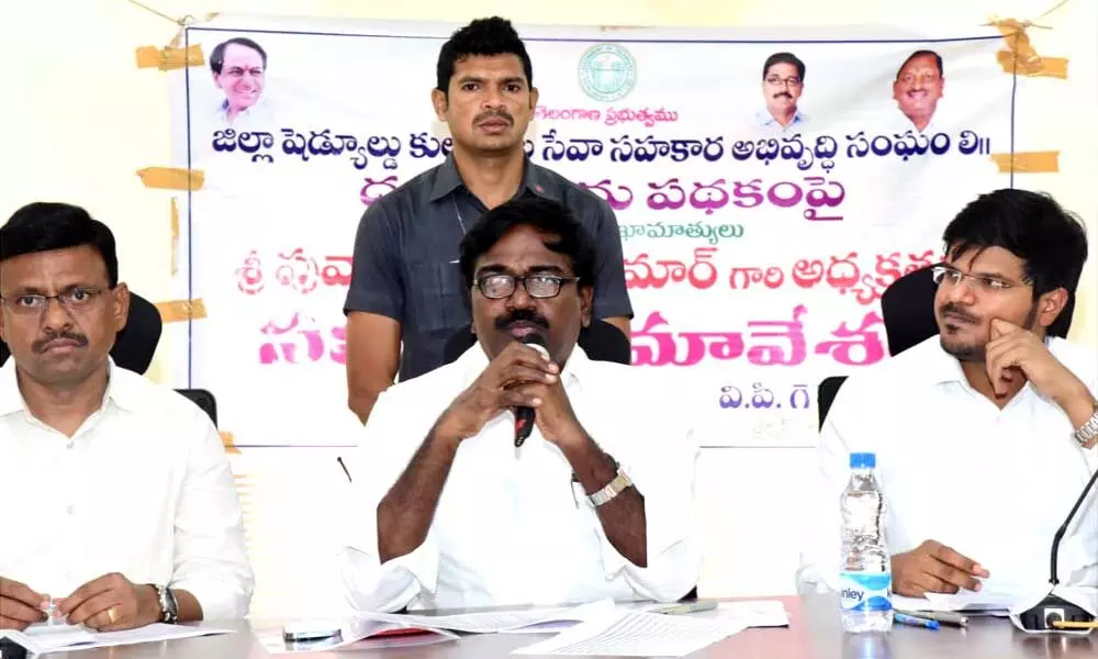 Minister for Transport Puvvada Ajay Kumar speaking during a Dalit Bandhu scheme review meeting with the officers in Khammam on Saturday