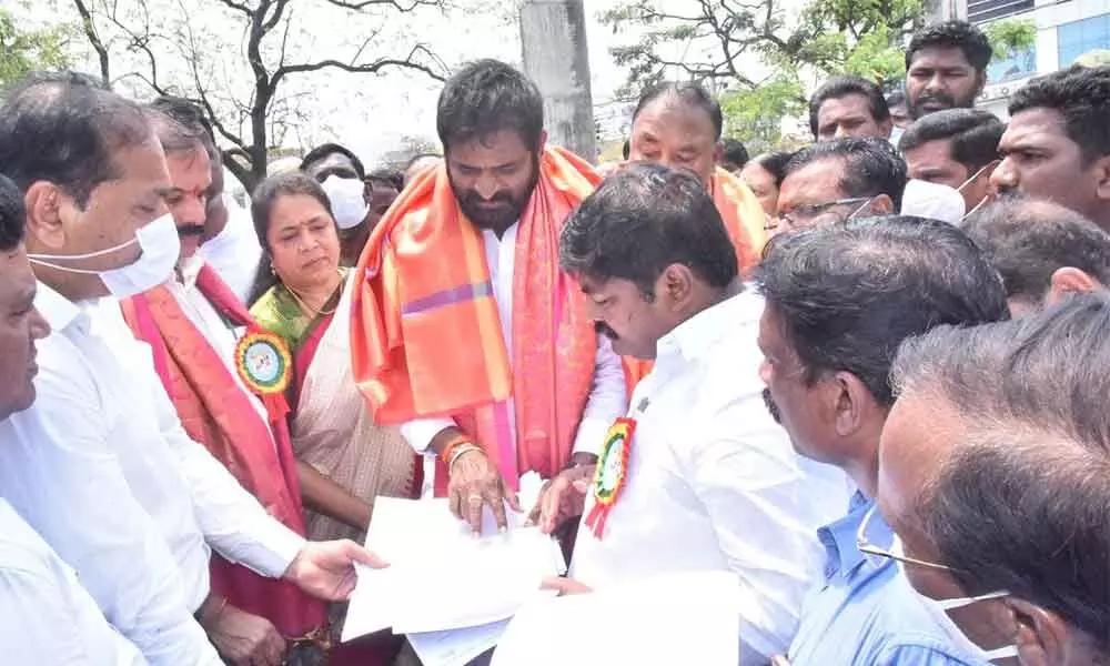 Minister for Excise, Sports and Tourism V Srinivas Goud inspecting the site for the construction of Haritha Hotel in Warangal on Saturday