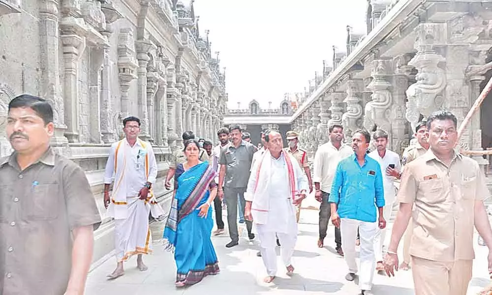 Endowments Minister A Indrakaran Reddy at Yadadri temple after reviewing arrangements on Saturday