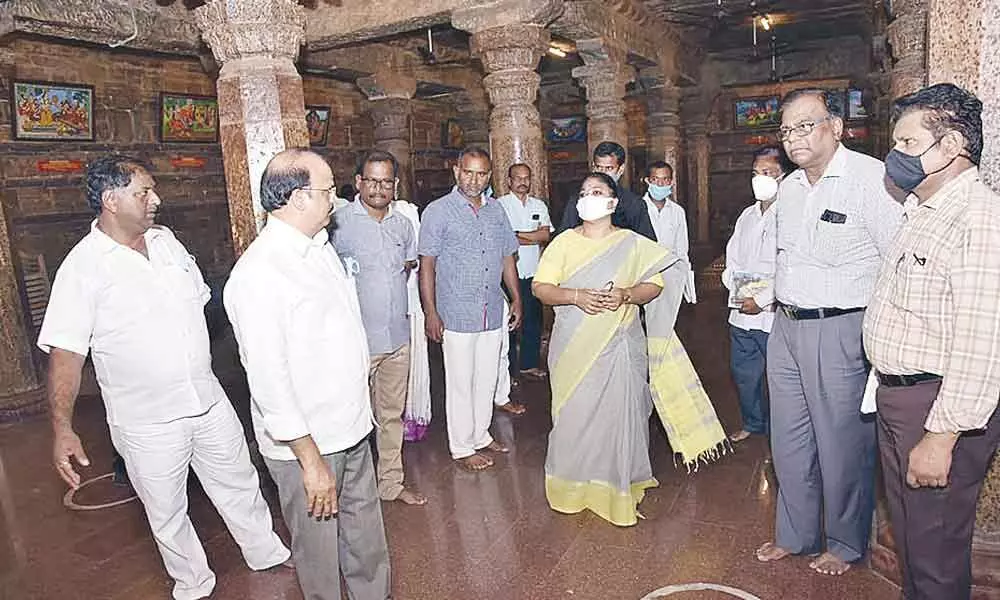 District collector A Surya Kumari and other officials visiting Mannar Raja Gopala Swamy temple in Vizianagaram on Saturday