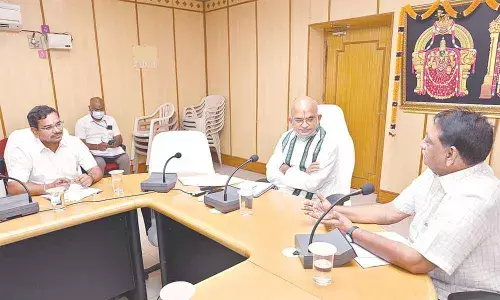 TTD EO Dr K S Jawahar Reddy holds review  with the SVBC Chairman  Dr Saikrishna Yachendra and CEO Suresh  Kumar in Tirupati on Saturday