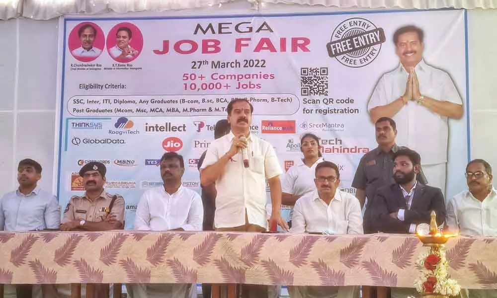 Chief Whip D Vinay Bhaskar speaking at the mega job mela in Hanumakonda on Sunday