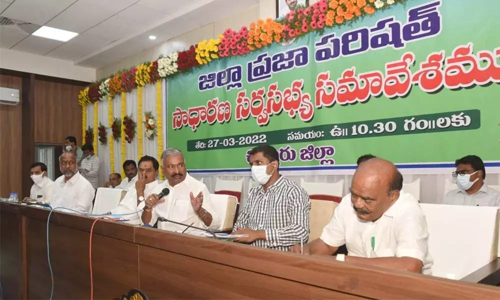 Panchayat Raj Minister P Ramachandra Reddy speaking at the ZP General Body Meeting at ZP Meeting Hall in Chittoor on Sunday