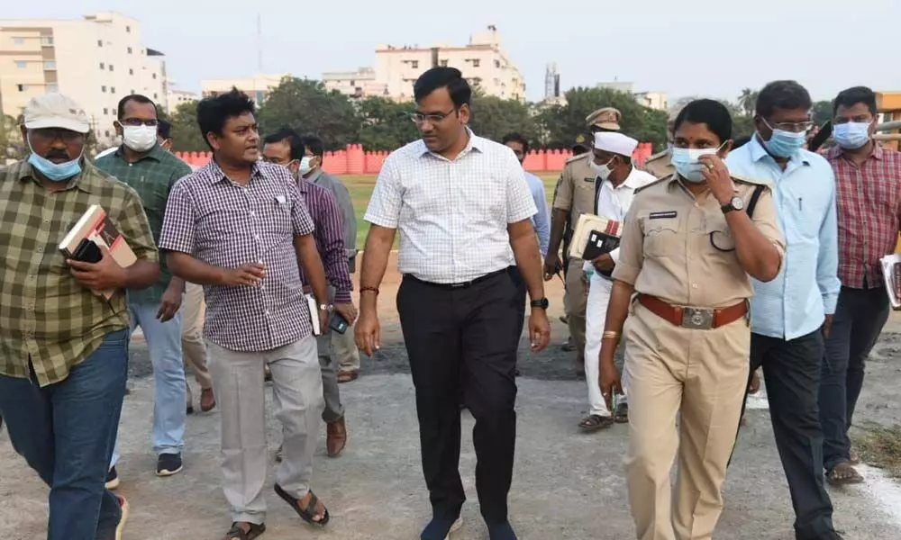 Nellore Collector KVN Chakradhar Babu inspecting VPR Convention Hall, the venue of the meeting, at Kanuparthipadu on Sunday