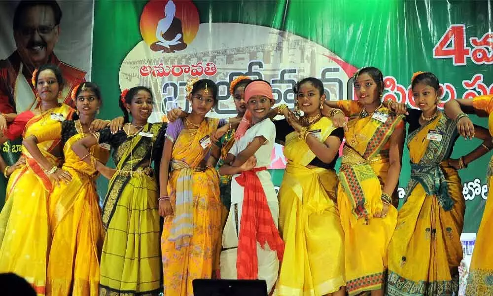 Children presenting a programme during Amaravati Balotasav programme at Siddhatha auditorium in Vijayawada on Sunday  Photo: Ch Venkata Mastan