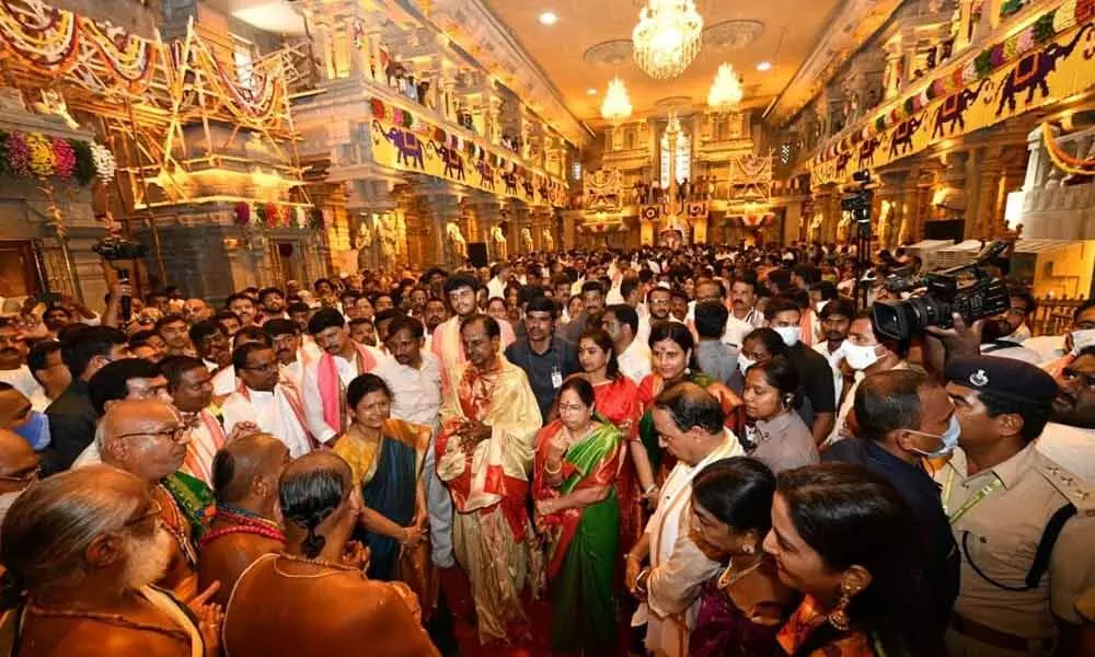 Chief Minister K Chandrashekar Rao and his wife Shobha take part in the first puja of Yadadri temple Mahakumbha Samprokshana on Monday