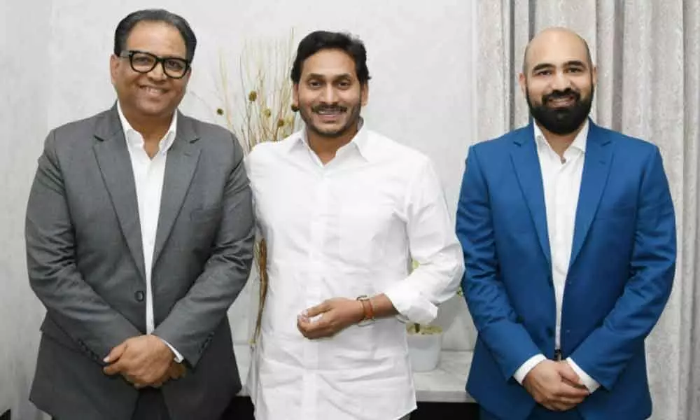 Mulk Holdings international chairman Nawab Shaji ul Mulk and vice-chairman Adnan ul Mulk call on Chief Minister Y S Jagan Mohan Reddy at Tadepalli on Tuesday