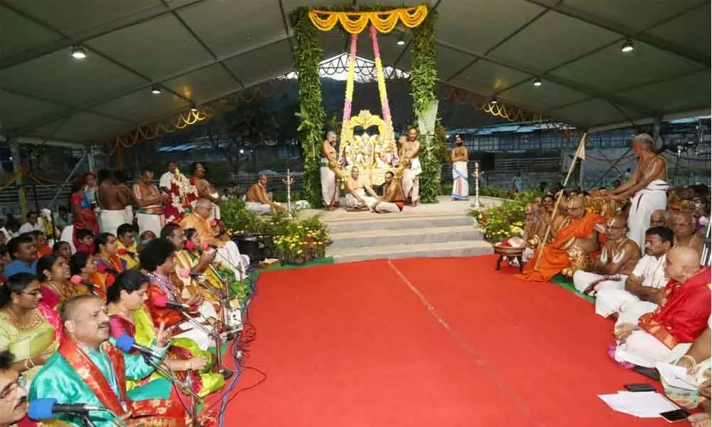 Ahobila Mutt Jeeyar and artistes taking part in the 519th Vardhanti celebrations of Tallapaka Annamacharya at Tirumala on Tuesday