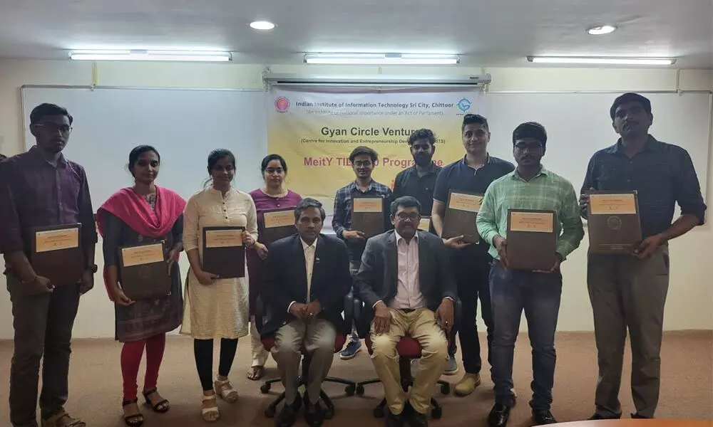 M Balasuramaniam, Chairman, Board of IIIT governors, and Director Dr G Kannabiran with the nine candidates whose start-ups have been selected for funding and mentor support
