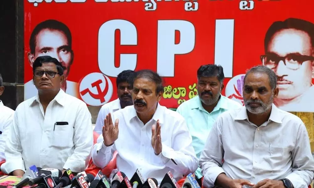 CPI state secretary K Ramakrishna addressing the media at CPI office in Tirupati on Wednesday