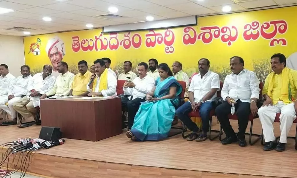 Former deputy chief minister Nimmakayala Chinna Rajappa speaking at a meeting held in Visakhapatnam on Thursday