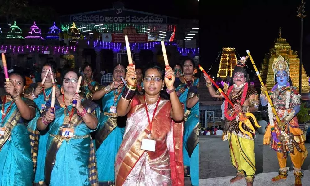 Women performing Kolatum as part of Ugadi Mahotsavams at Srisailam temple on Thursday
