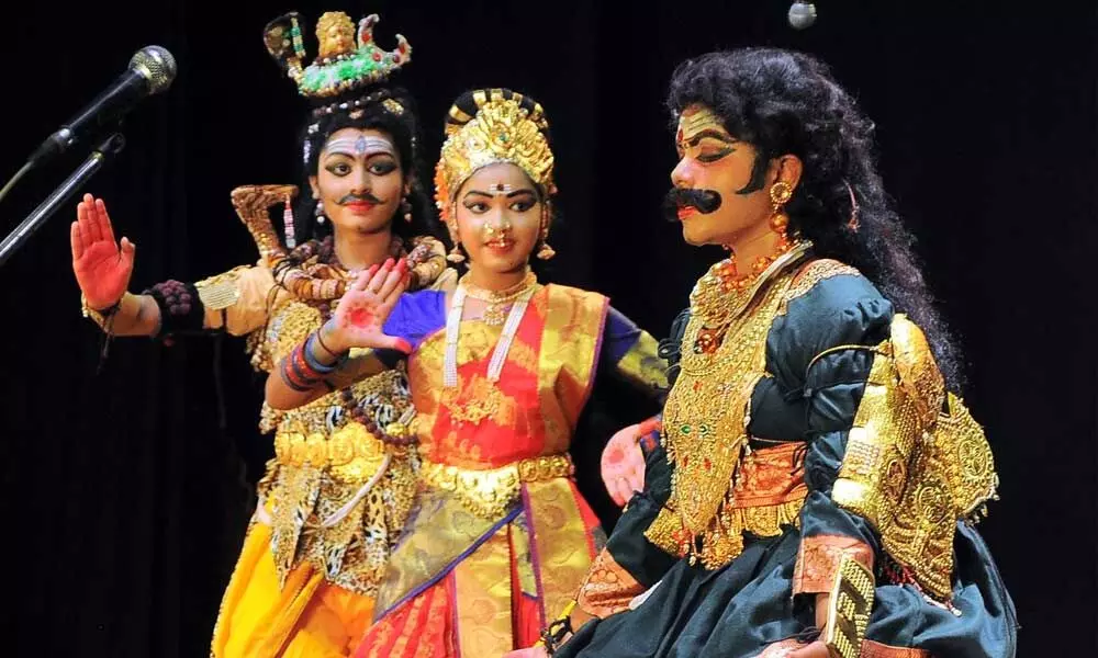 Students of Chinta Ravi Balakrishna performing Usha Parinayam Kuchipudi (Yakshaganam) at Siddhatha auditorium in Vijayawada  on Thursday