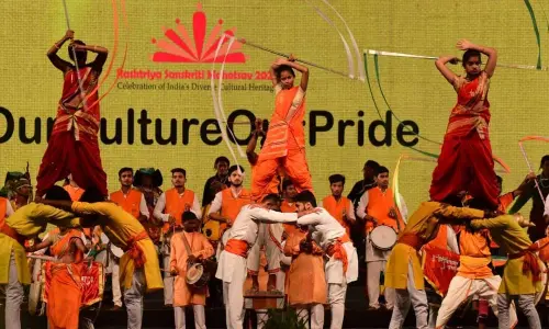 Artistes performing at the inaugural programme of the Rashtriya Sanskriti Mahotsav at NTR Stadium in Hyderabad on Friday. Photo: Srinivas Setty