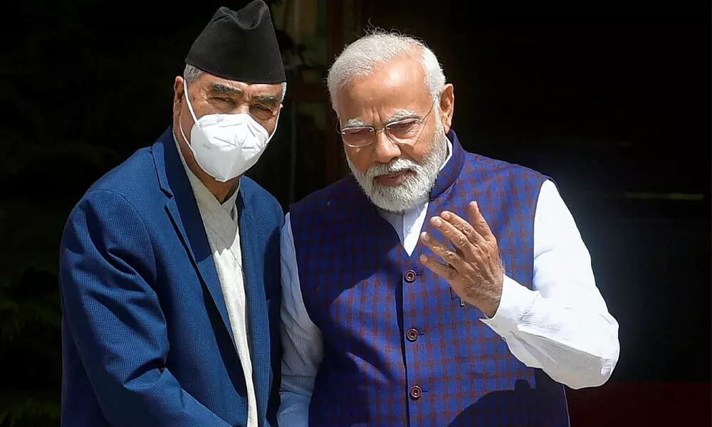 Prime Minister Narendra Modi with Nepal  PM Sher Bahadur Deuba during a meeting  in Delhi on Saturday
