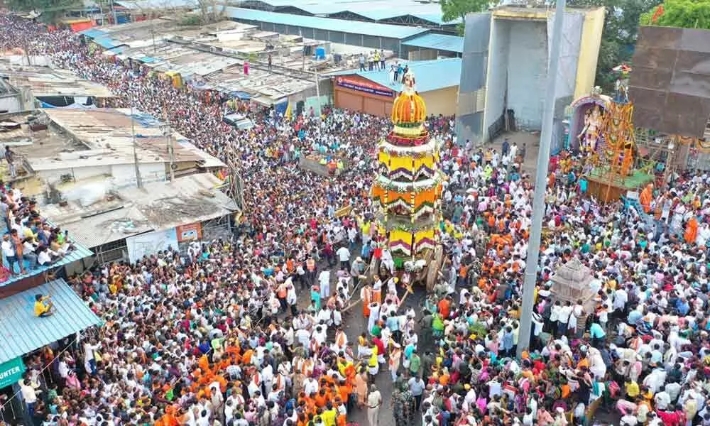 Crowds of devotees take part in Rathotsavam at Srsisailam temple on Saturday
