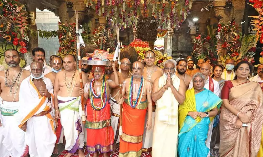 TTD Chairman YV Subba Reddy along with Pedda Jeeyar, Chinna Jeeyar and others proceeding to participate in Ugadi Asthanam inside Sri Vari temple in Tirumala on Saturday.