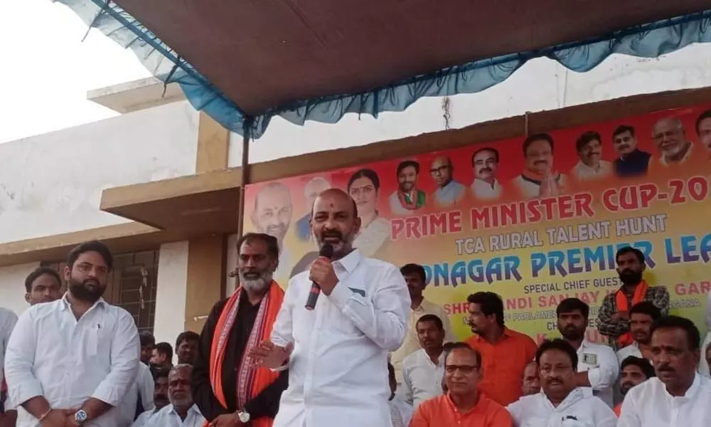 State Bandi Sanjay Kumar addressing the gathering during the launch of ‘Prime Minister Cup Cricket Tournament-2022’ at Shadnagar on Sunday